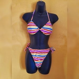 Rainbow Stripe Cheeky String Tie Bikini S/M B Cup pride candy swimsuit bathing